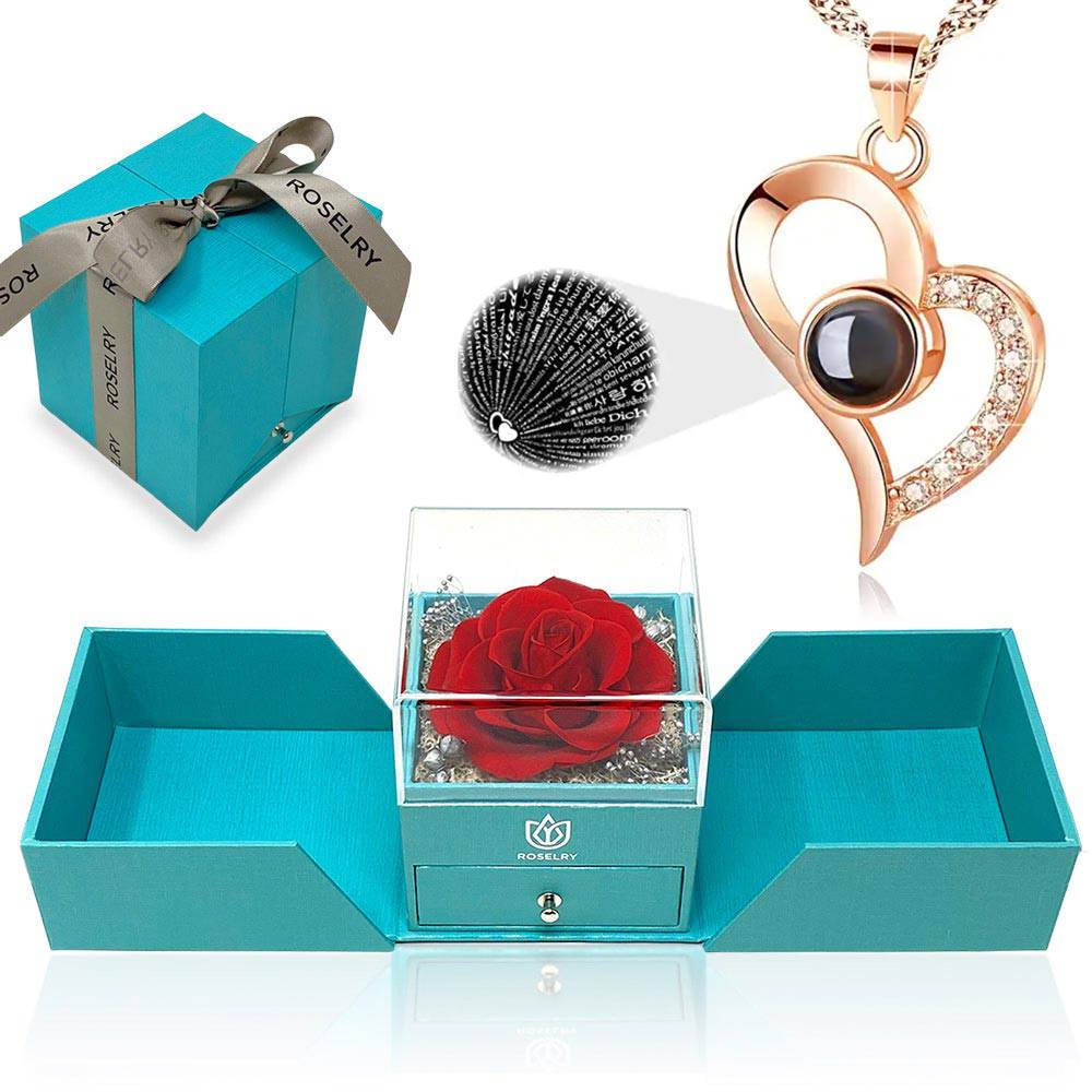 I love you in 100 languages necklace XL Forever red rose gift box