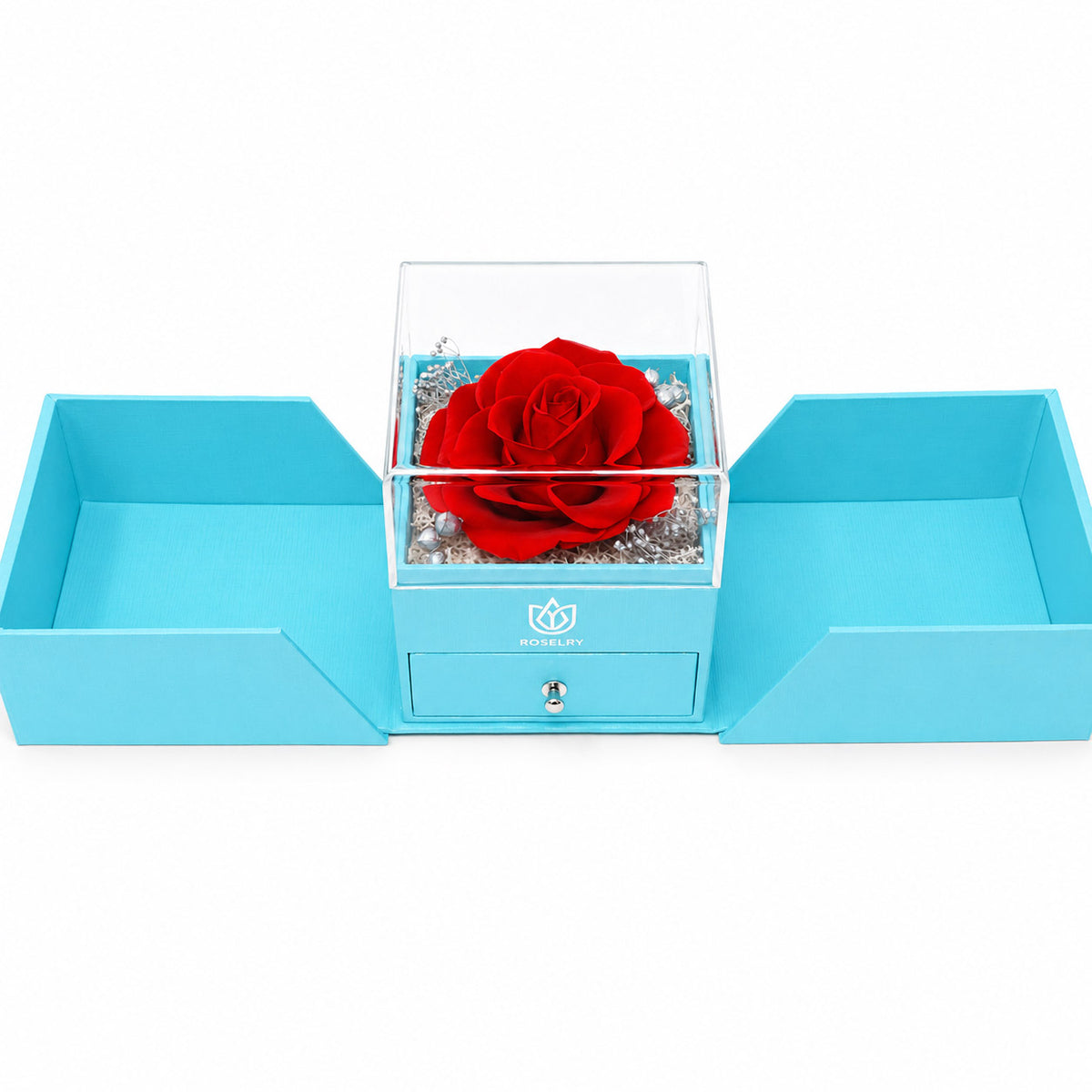 Preserved-rose keepsake box, opened to reveal the hidden QR code drawer