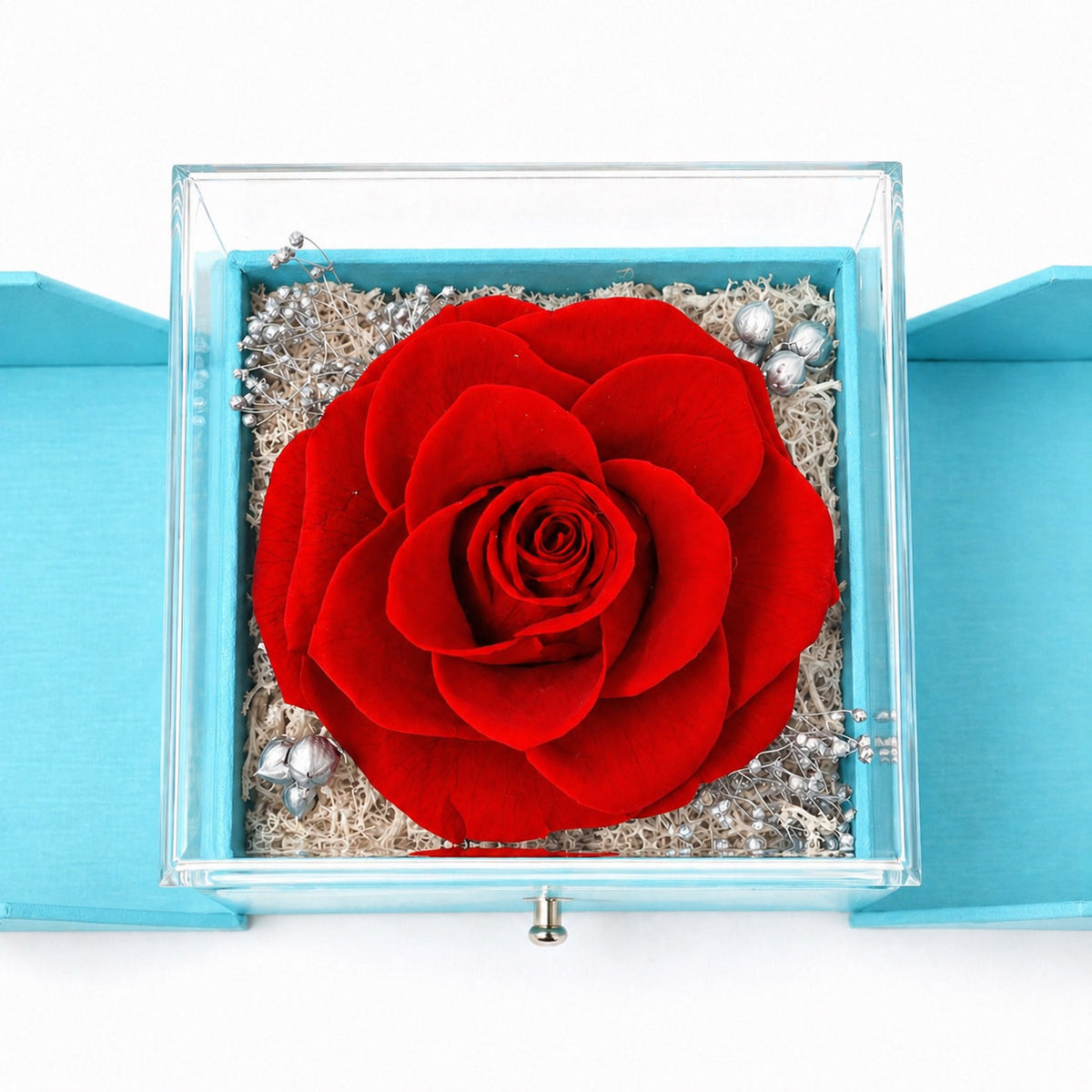 Preserved-rose keepsake box, opened to reveal the hidden QR code drawer