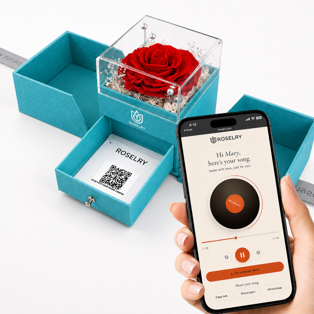 Preserved-rose keepsake box, opened to reveal the hidden QR code drawer
