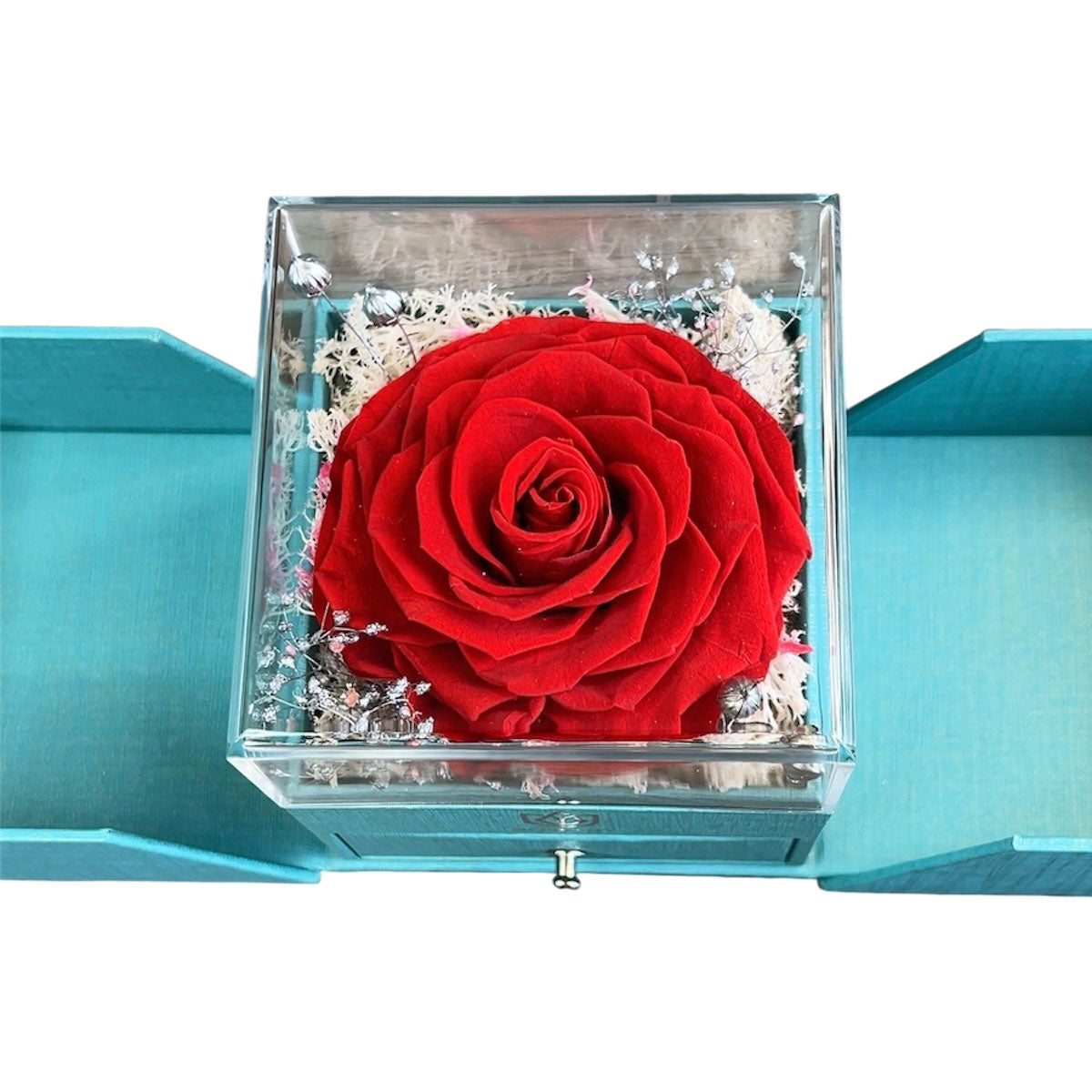 Preserved-rose keepsake box, opened to reveal the hidden QR code drawer