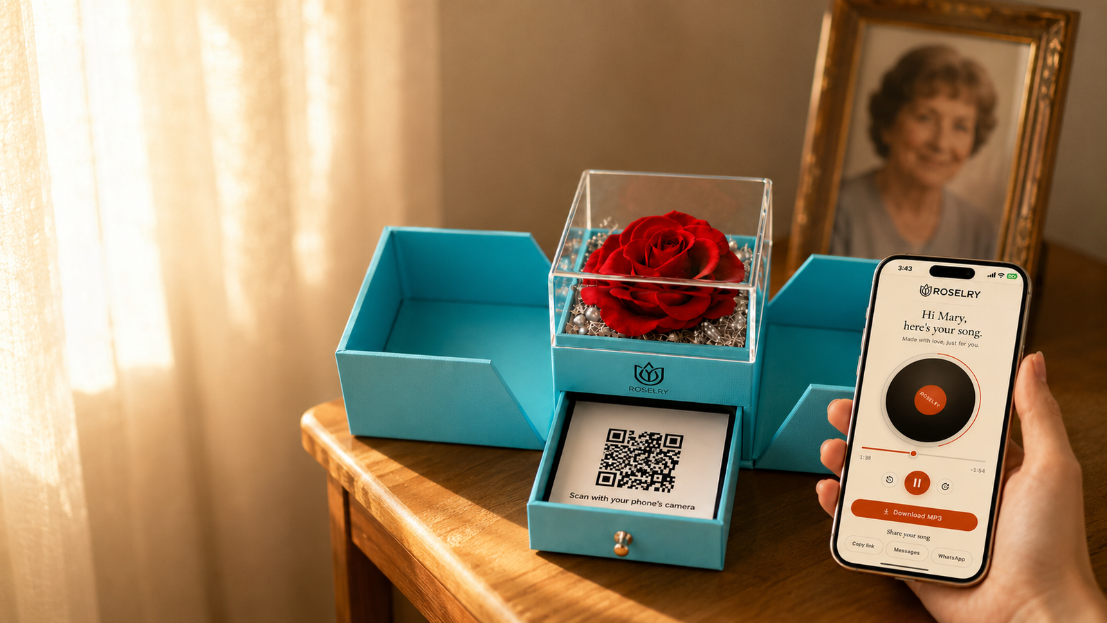 A preserved rose keepsake that holds a remembrance song