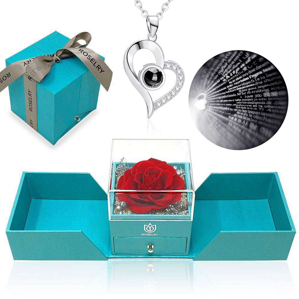 I love you in 100 languages necklace XL Forever red rose gift box