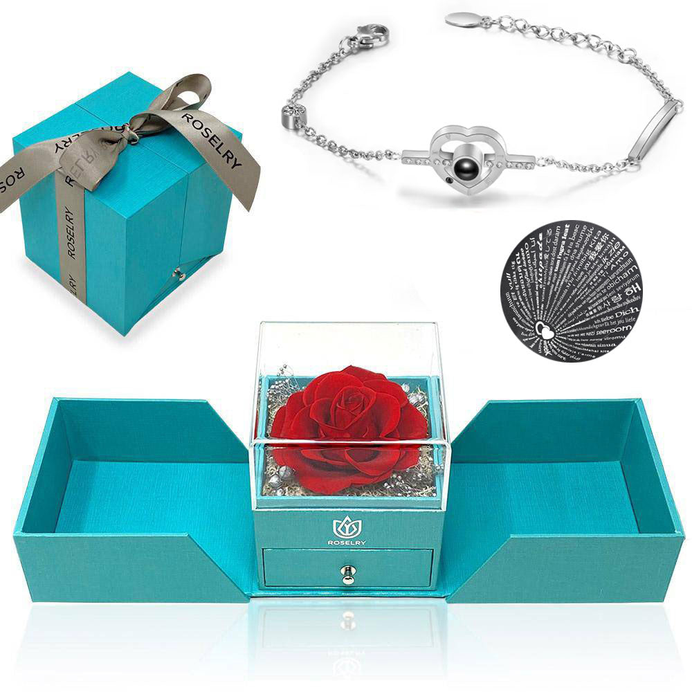 Heart I love you in 100 languages bracelet XL Forever red rose gift box